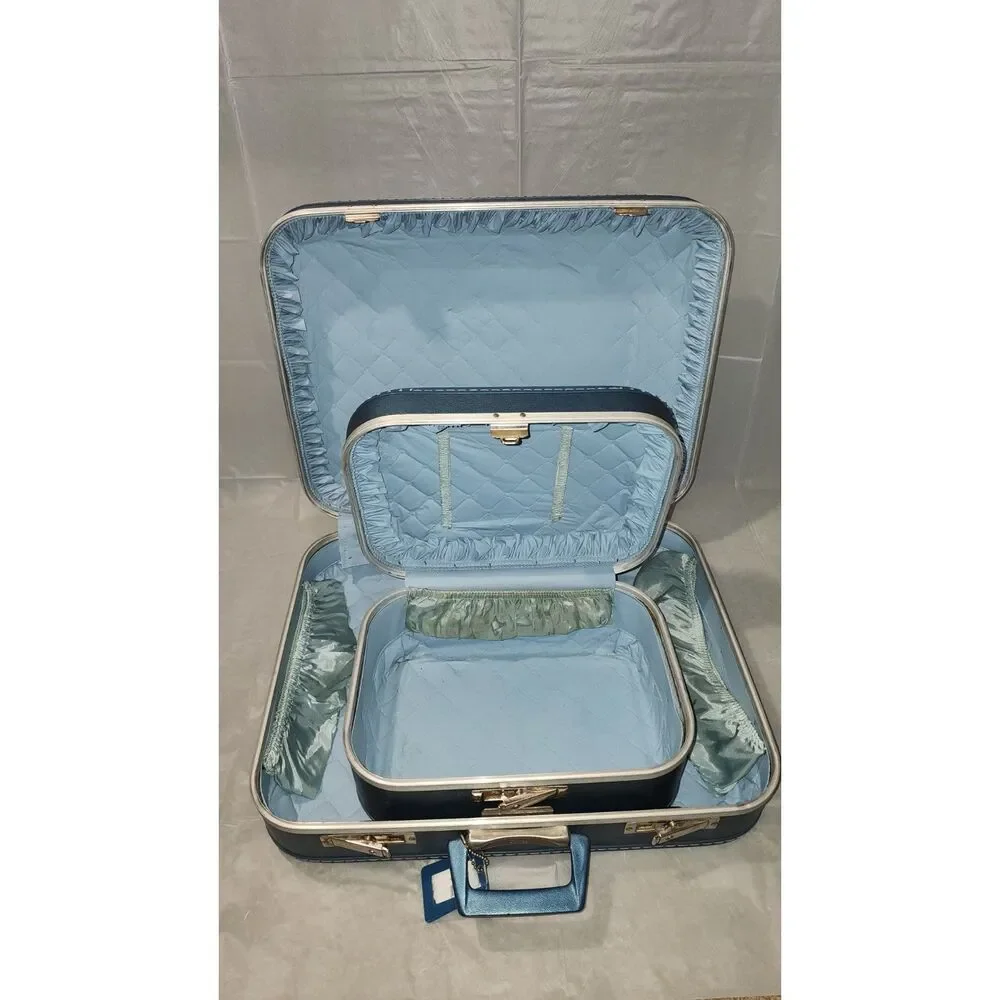 Vintage Blue 2 Piece Nesting Luggage Set with Train Case Mid Century